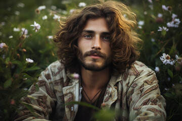 Obraz premium Generative AI illustration of happy children of sun hippie retro people guys celebrating partying on nature