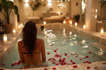 Back view of a woman sitting in a pool decorated with rose petals and surrounded by lit candles