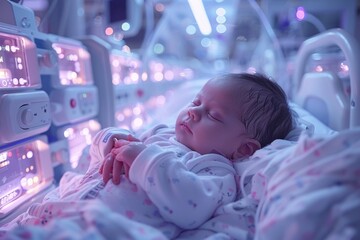 A newborn baby rests peacefully in a neonatal intensive care unit surrounded by advanced medical equipment to ensure health