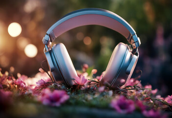 plants flowers Concept illustration headphones wallpaper headset earphones ai music sound audio dj party entertainment techno device stereo club control dance disco electronic musical play record - obrazy, fototapety, plakaty