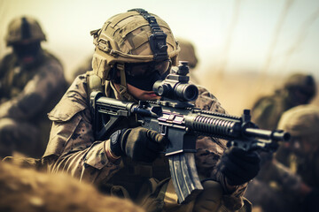 Image of courageous soldier during special operation created with generative AI technology