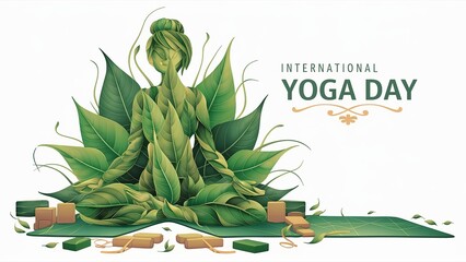 21 June, INTERNATIONAL YOGA DAY, yoga day illustration, with woman made with leaves sitting in lotus yoga pose, white background