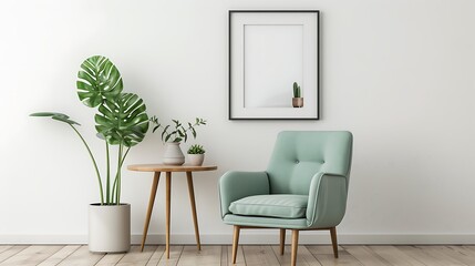 mint pastel armchair wooden table and framed poster in a bright minimalist interior