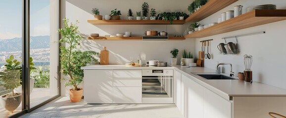 Obraz na płótnie Canvas Corner of stylish kitchen with white walls, concrete floor, white countertops with built in cooker and wooden shelves with kitchenware and balcony with nice view. 3d rendering