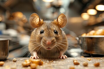 This image captures a close-up of a rat with big, detailed ears and whiskers, amidst a professional kitchen scenario