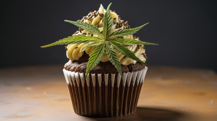 tasty chocolate cupcake with cannabis