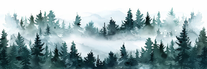 green watercolor  forest with fog on white background,	
