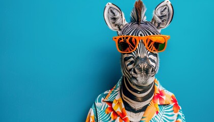 Obraz premium Zebra in stylish ensemble with trendy orange sunglasses and vibrant hawaiian shirt