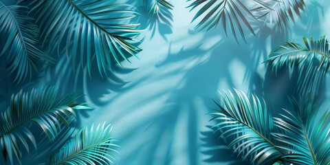 Fototapeta na wymiar Minimal abstract background for product presentation, palm leaf shadow on light blue wall, 