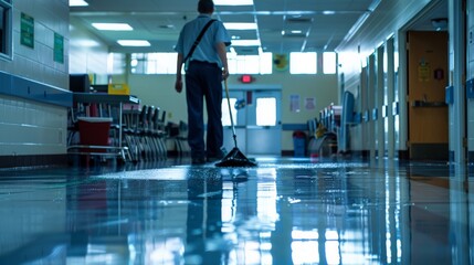 A janitor mopping the floor of a school hallway, with classrooms in the background