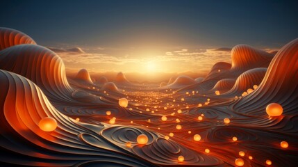 Abstract landscape with wavy patterns and orange glowing orbs, sunset in the background - obrazy, fototapety, plakaty