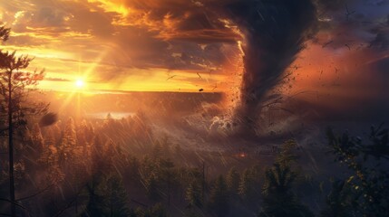 Obraz premium A tornado swirls through a plain at sunset, under a cloudy sky