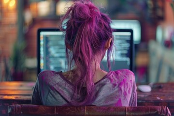 A woman with purple hair sits attentively in front of computer monitors with code, implying a vibrant tech-savvy environment