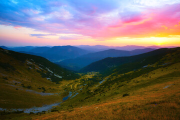 summer foggy scenery, scenic sunset view in the mountains, Carpathian mountains, Ukraine, Europe	