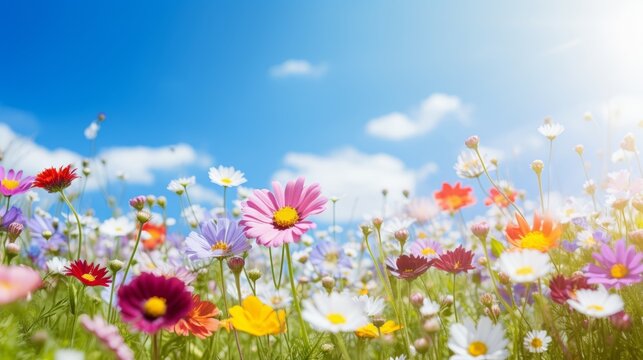 Garden wild field of beautiful blooming spring or summer flowers in a meadow, with sunlight and blue sky