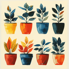 Set of retro minimal of potted houseplants vectorial - obrazy, fototapety, plakaty