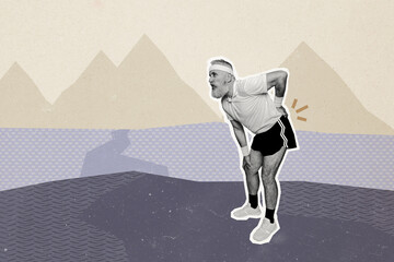 Creative trend collage of old pensioner man feel backpain suffer sportsman banner bizarre unusual...