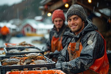 Determined fisherman sorting crabs in the snow reflects a challenging working environment - obrazy, fototapety, plakaty