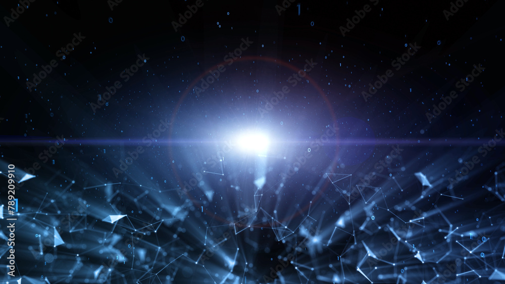 Wall mural futuristic modern space with bright light lens flare and binary numbers illustration. dark backgroun