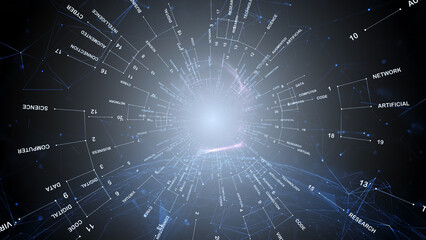 Research science word cloud with lines, dots and 3d sphere illustration background.