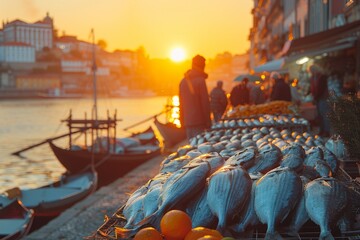 An array of fresh fish on display at a colorful sunset market by the sea, capturing local commerce and cuisine - obrazy, fototapety, plakaty