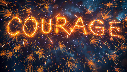 At the fireworks display, the word "COURAGE" is depicted in a glowing explosion. New Year's Eve or anniversary celebration.