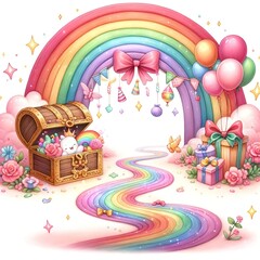 Fantasy Treasure with Rainbow and Balloons Illustration
