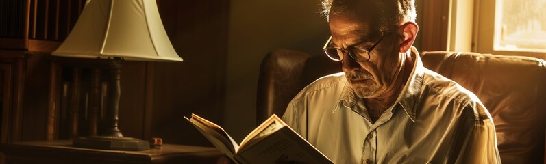 Older man reading a book in a chair in a room. Banner - obrazy, fototapety, plakaty