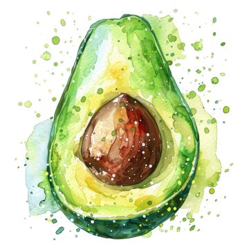 An avocado painted in watercolor, vibrant splashes adding movement to the image