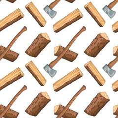 Seamless pattern with axes and firewood. Vector illustration.