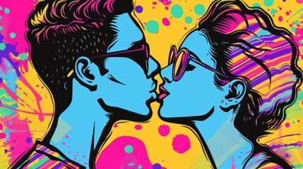 romantic kiss between man and woman colorful illustration