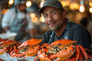 A welcoming fishmonger poses with a warm smile in front of a vibrant display of crabs in a seafood market - obrazy, fototapety, plakaty