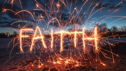 At the fireworks display, the word "FAITH" is depicted in a glowing explosion. New Year's Eve or anniversary celebration.
