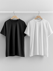 Plain white t-shirt hanging next to plain black t-shirt on hangers. 