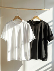 One black and one white t-shirt on hangers. 