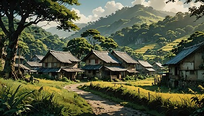 Asian Countryside Landscape with Houses Wallpaper