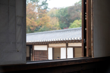 View of the traditional Korean building seen through the door