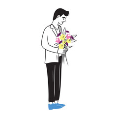 Beautiful man in tuxedo suit with buttonhole holding bouquet of flowers in blue shoes. Hand drawn vector sketch doodle illustration in flat  style. Concept of date, love, gift, celebration