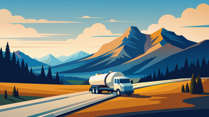 small milk tanker rides along the road to the horizon between the mountains