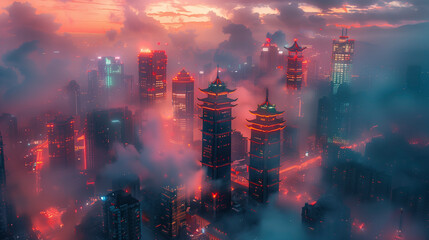 Futuristic Shaolin Cloud City in a dystopian anime environment. Surrounded by clouds - obrazy, fototapety, plakaty