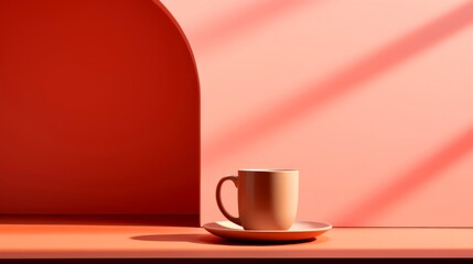 Beige Cup with Saucer on Orange Surface