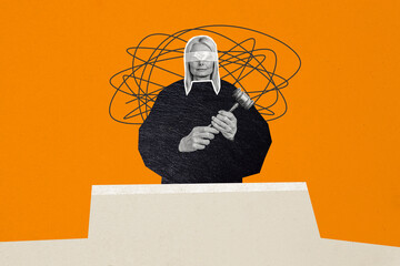 Composite photo collage of anonym old woman justice court hold hammer verdict decision...