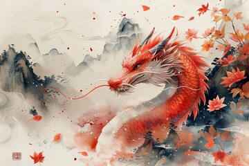 Beautiful red dragon with flowers and leaves on white with copy space illustration