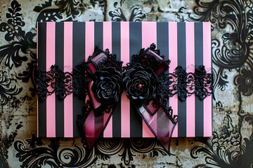 Christmas card. Christmas stationary with pink stripes and black lace and bow .