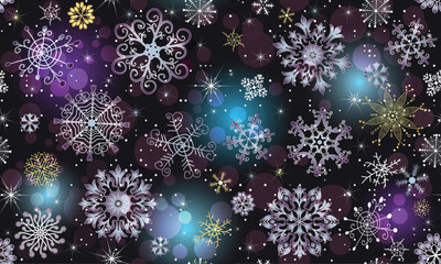 Vector seamless Christmas pattern with shiny colorful  gradient snowflakes and balls on a dark background