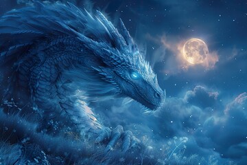 Blue scaly dragon at night with full moon and copy space generative ai illustration