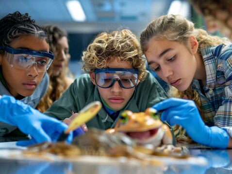 AI generated illustration of students participating in a frog dissection project in a classroom