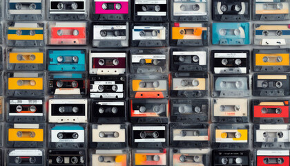 background Vilnius gray audio vintage cassettes 2 colorful music retro 19 tape Large September set Lithuania old cassette record compact antique - obrazy, fototapety, plakaty