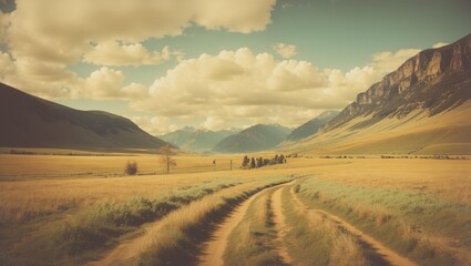 A field of tall grass with a dirt road in the foreground and mountains in the background