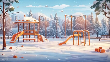 A snowy playground with a slide and a roundabout.

